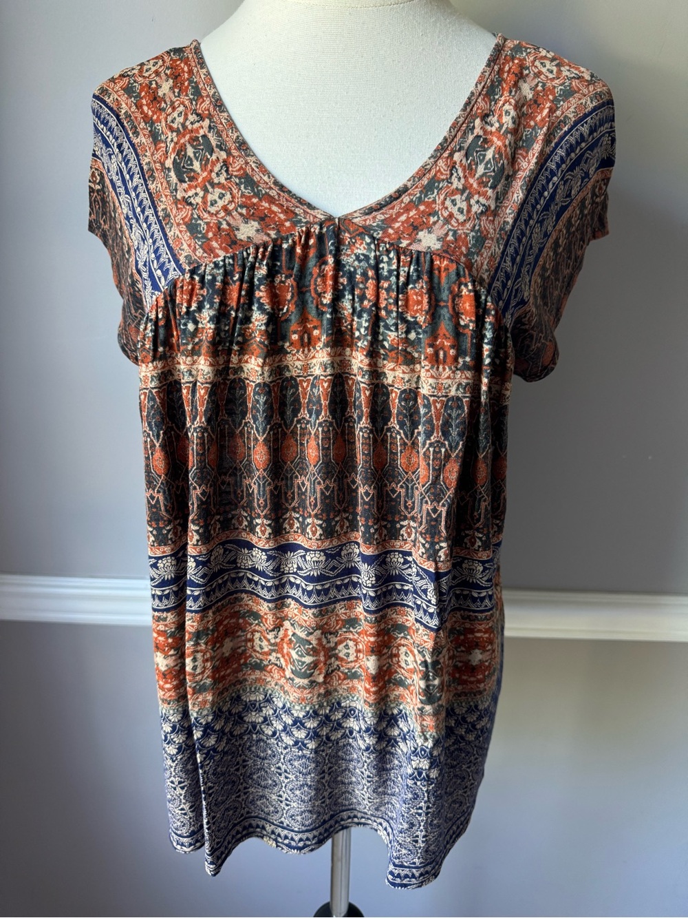 Lucky Brand Rust, Navy & Cream Printed V‑Neck Tunic